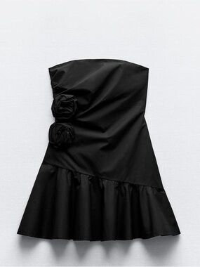 Zara Black Strapless Fit-and-Flare Dress with Rosette Detail
